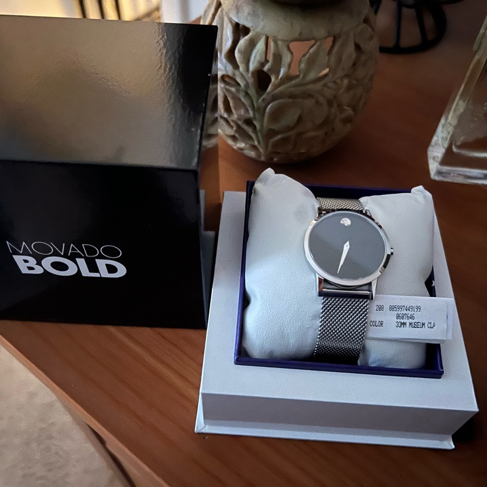 Movado Silver Mesh Black Dial Watch